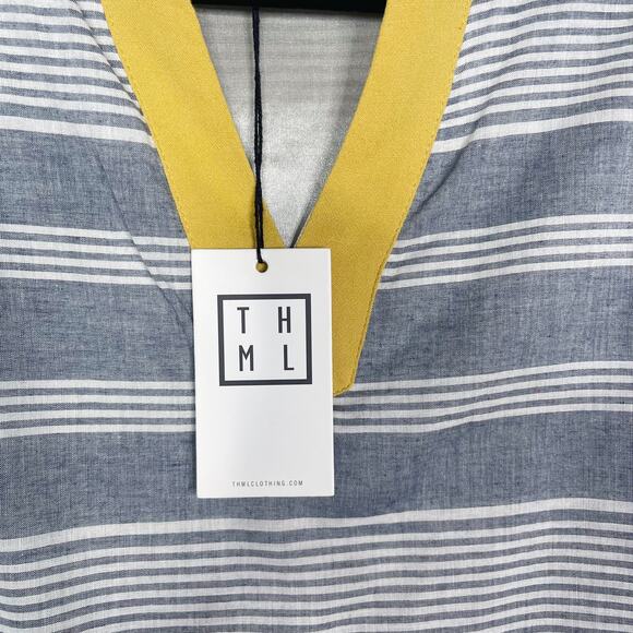 New THML XSmall XS Blue Yellow Striped Sleeveless Shift Dress Split VNeck Cotton - Picture 7 of 9